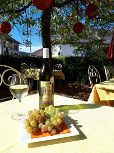 圣克鲁瓦法兰西酒店的一瓶葡萄酒和一盘葡萄放在桌子上