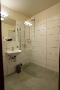 哈德洛姆斯塔泽哈勒姆斯特德尔酒店的一间带玻璃淋浴和水槽的浴室