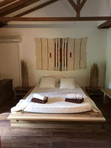 德赛Villa et Gites Le Safran - Le Triskell的一张大床,里面配有枕头