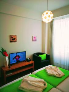 丰沙尔Casa dos Avós Apartments的一间卧室配有一张床、一把椅子和电视