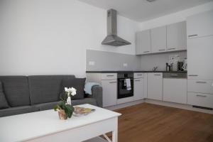 斯拉德明Appartements Freiraum的厨房以及带沙发和桌子的客厅。