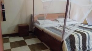 SembabuleRainbow Motel Sembabule的一间卧室配有一张带蚊帐的床