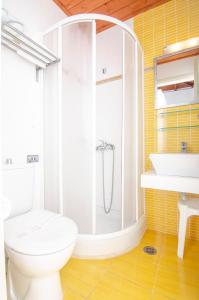 MitátaThe Windmill Resort的带淋浴、卫生间和盥洗盆的浴室