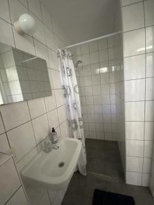 奥特罗Bungalows Hoefbos的白色的浴室设有水槽和淋浴。