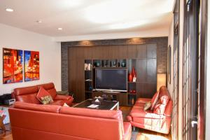 白马村Altitude Apartments Hakuba的客厅配有2张红色沙发和1台电视