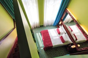 圣彼得堡多米纳圣彼得堡酒店的卧室享有高空美景,配有带镜子的床
