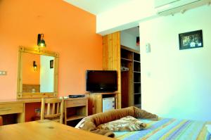 达哈布达哈卜潜水员酒店的配有床、桌子和电视的房间