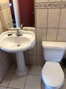 艾尔蒙特Aqua Inn Motel的浴室配有白色水槽和卫生间。