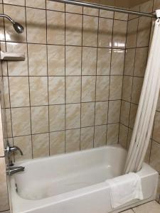 艾尔蒙特Aqua Inn Motel的带浴缸的浴室和瓷砖墙