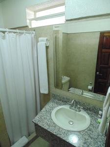 古斯曼城Hotel Hacienda的一间带水槽、淋浴和镜子的浴室