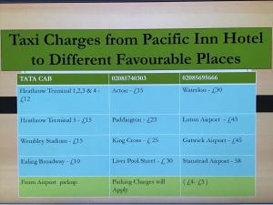 绍斯霍伦敦希思罗机场太平洋酒店 的出租车从太平洋旅馆到不同热门地点的标志