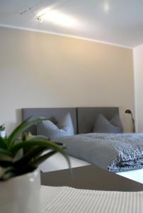 巴特莱辛哈尔Pension Almhof Baumgarten的一间卧室配有一张带蓝色枕头和植物的床