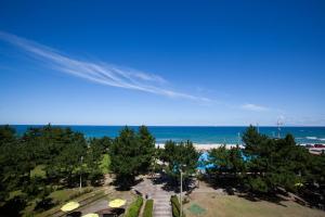 江陵市BENIKEA San&Bada Jumunjin Resort的从度假村的阳台上可欣赏到海滩景色