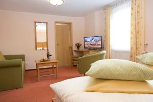 梅舍德林登霍夫酒店的酒店客房配有床、椅子和电视。
