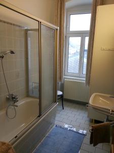 格蒙登奥地利加科尼尔酒店式一室公寓的带淋浴、浴缸和盥洗盆的浴室