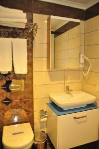 锡德Aura Boutique Hotel的一间带水槽、卫生间和镜子的浴室