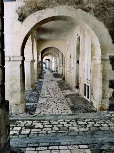 拉罗谢尔La Belle Amarre-Bed and Breakfast-Maison d'Hôtes的一条小巷,在一座带拱门的古老建筑中