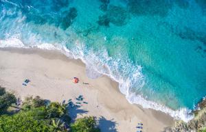 喀巴里特Cabarete Maravilla Eco Lodge Boutique Beach Surf, Kite, Yoga的海滩上的人与海洋的壮丽景色