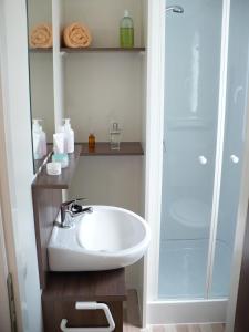 朱利亚诺瓦Victoria mobilehome in Village Residence Juliamare的浴室配有白色水槽和淋浴。