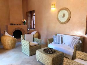 马拉喀什Domaine Casa Cecilia的客厅配有沙发、椅子和壁炉