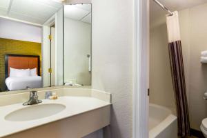 坦帕La Quinta Inn Tampa Airport Stadium Westshore的一间带水槽和镜子的浴室以及一张床