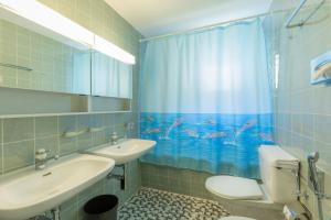 圣莫里茨弗兰科旅馆的浴室配有水槽、卫生间和浴帘