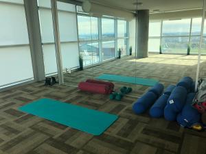 卡尔加里SAIT Residence & Conference Centre - Calgary的一间设有窗户的带蓝色垫子的健身房