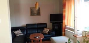 根尼斯迪亚斯Ildi Apartman的客厅配有黑色真皮沙发和桌子