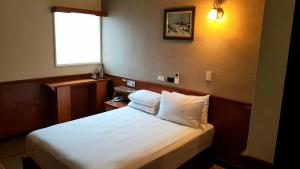 台北华达大饭店的一间卧室配有一张带白色床单的床和一扇窗户。