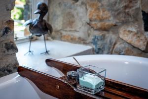 WakkerstroomWetlands Country House & Sheds的带浴缸和蜡烛托盘的浴室