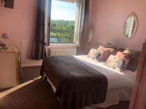 Saint-Leu-dʼEsserent乐瓦兹酒店的一间卧室设有一张大床和一个窗户。