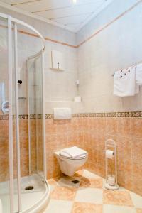格拉茨附近卡尔斯多夫彭德尔酒店的一间带卫生间和玻璃淋浴间的浴室