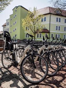 路茨曼贝格Hotel Xylophon - inklusive Thermeneintritte的停在大楼前的一排自行车