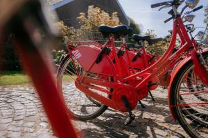 诺德奈Vier Häuser的一辆红色自行车,车上有一个篮子,停在街上