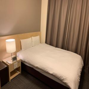 甲府多美迎甲府酒店的一间酒店客房,配有一张床和床头灯