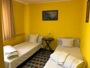 Roşiori de VedeHotel Continental的黄色墙壁客房的两张床