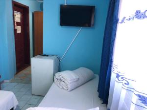Roşiori de VedeHotel Continental的蓝色的客房配有冰箱和墙上的电视