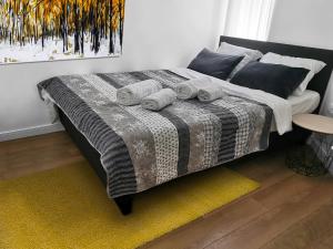 贝尔格莱德Viktor Luxury Suites的一间卧室配有一张带毯子和桌子的床