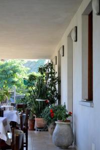 阿斯蒂拉洛坎达迪维尔贝拉农家乐的庭院里的餐厅,设有桌子和盆栽植物