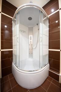 基辅Stylish Panoramic apartments Dnipro Sail riverside的浴室里设有玻璃门淋浴