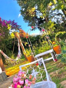 蒙特韦尔迪Chalé pinheiro velho的花朵花园中的白色长凳