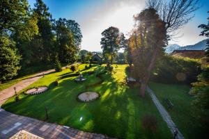 利托斯基简斯瓦托杨斯基城堡酒店的享有公园的顶部景色,公园内有树木和草地