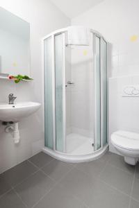 布尔诺潘斯卡里查酒店的带淋浴、卫生间和盥洗盆的浴室