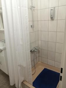 科隆Wohnung in Köln 2B的带淋浴的浴室(铺有蓝色地毯)