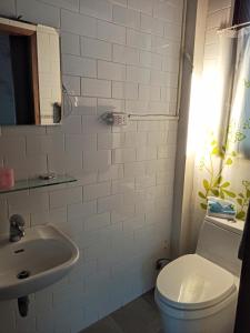 台南复古小屋的白色的浴室设有卫生间和水槽。