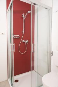 GallspachLandgasthof Waldesruh的带淋浴的浴室,浴室设有红色的墙壁