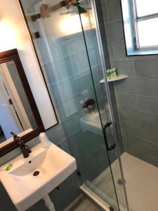 基拉戈基拉戈岛鹈鹕别墅宾馆的一间带水槽和玻璃淋浴的浴室