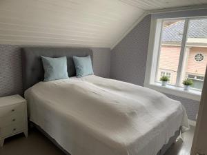 莱达尔绥里Old town boutiqe apartments/ Gamle Lærdalsøyri boutique leiligheter的卧室配有一张带两个枕头的大白色床