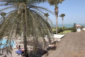 Brufut海洋别墅高地酒店的一群人坐在棕榈树下,靠近一个游泳池