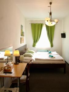 卡罗维发利乡村膳食旅馆的客房设有两张床、一张桌子和一个窗户。